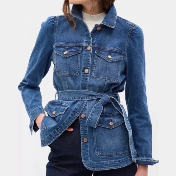 GAP Puff Sleeve Belted Mid/Dark Wash Denim Jacket - L - Picture 1 of 6